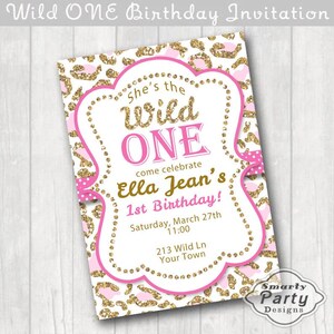 Wild ONE 1st Birthday Invitation Invite Cheetah Leopard Pink Gold Glitter Printable  Personalized Customized 5x7 or 4x6