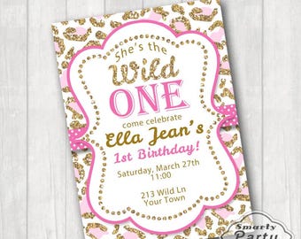 Wild One Cheetah 1st Birthday Invitation, Pink and Gold (Digital Printable)