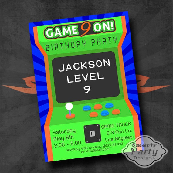 Video Gaming Blue Personalised Childrens Birthday Party Invitations