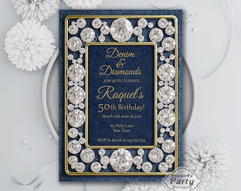 Faire-part d'anniversaire en denim avec diamants, doré Western Glam Sparkle Bling (imprimable numérique)