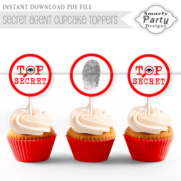 Spy Party Cupcake Toppers | Top Secret Round Stickers | Finger Print Secret Agent Toppers Printable PDF - Instant Download
