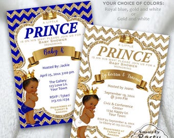 Faire-part de baby shower prince : bleu royal et or, bébé afro-américain (impression numérique 5 x 7