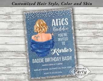 Aries Zodiac Denim and Diamonds Birthday Invitations Invite Printable Personalized Woman Customized 5x7 or 4x6