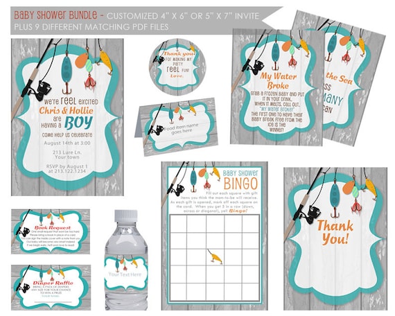 Reel Excited Baby Shower Bundle Customized Invite, Fishing Baby