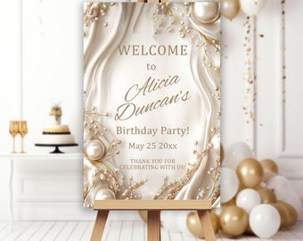 Panneau de bienvenue d'anniversaire or satiné perlé, fichier numérique élégant affiche de fête personnalisée