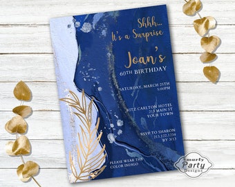 Indigo Gold Surprise Birthday Invitations Invite Printable Personalized Honeycomb Customized 5x7 or 4x6