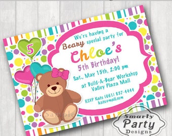 Faire-part d'anniversaire ours en peluche : ballons arc-en-ciel, fête de filles (5 x 7 ou 4 x 6)