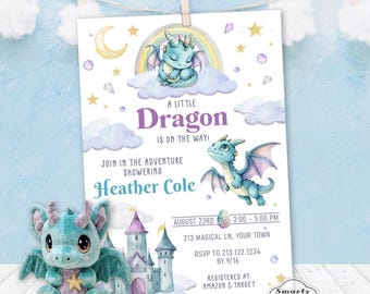 Invitation baby shower dragon, petits bijoux magiques aquarelle mythique oeuf arc-en-ciel bleu sarcelle lavande (impression numérique 5 x 7 et 4 x 6)