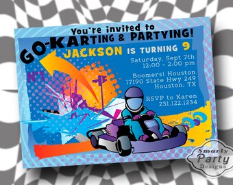 Go Kart Birthday Party Invitation: Blue, Orange, Purple (Digital Printable)