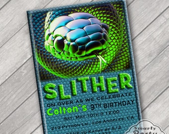 Faire-part d'anniversaire serpent : fête des reptiles, vert et bleu (impression numérique)