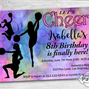 Cheerleader Birthday Invitation | Pom Pom Silhouette Birthday Girl Colorful Invite | Printable Personalized 4 x 6 or 5 x 7 Customized