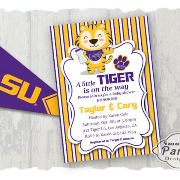 Football Tiger Mascot Baby Shower Invite Invitation Printable Personalized Purple Gold White Stripe Customized 5x7 or 4x6