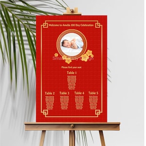 Tabella dei posti a sedere per foto del baby shower di benvenuto / Poster per la celebrazione cinese dei 100 giorni / Poster personalizzato stampabile digitale in oro rosso JPG o PDF