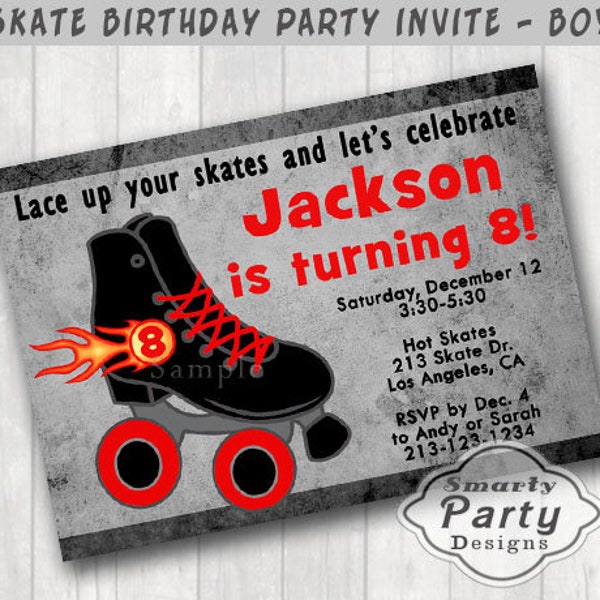 Boy Roller Skate Birthday Party Invite Invitation Red Orange Black Flames Printable Personalized Stripe Customized 5x7 or 4x6