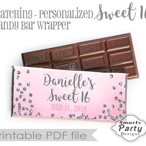 Sweet 16 Candy Bar Wrapper: Pink Silver Glitter (PDF)
