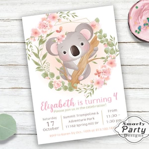 Cute Koala Bear Floral Birthday Party Invitations Invite Printable Personalized Polka dot Customized 5x7 or 4x6