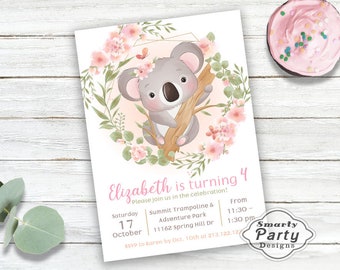 Faire-part d'anniversaire floral ours koala : faire-part personnalisé à pois (téléchargement numérique)