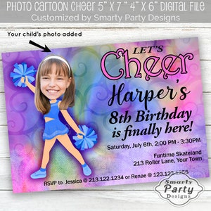 Cheer-verjaardagsuitnodiging | Cheerleaderfoto cartoon feestvarken kleurrijke uitnodiging | Digitaal afdrukbaar 4 x 6 of 5 x 7 aangepast digitaal
