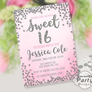Sweet 16 Sixteen Quinceanera Birthday Party Invitations Invite Pink Silver Glitter Digital Printable Personalized Customized 5x7 or 4x6