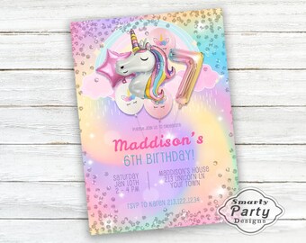 7th Birthday Invite Unicorn Balloon Rainbow Girl Party Invite | Printable Personalized Customized 5x7 or 4x6