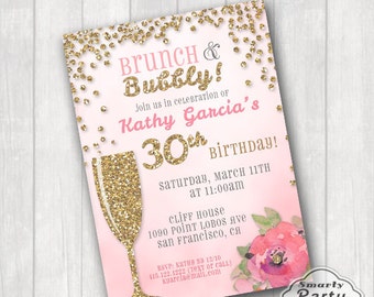 Pink Gold Glitter Flower Brunch Bubbly Birthday Invitations Invite Printable Personalized Watercolor Customized 5x7 or 4x6