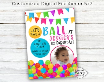 Photo Ball Pit 1st Birthday Party Invitations Invite Printable Personalized Colorful Digital Customized 5x7 or 4x6