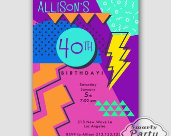 New Wave 80's Birthday Invitations Memphis Invite Printable Personalized 40th, 50th, 60th Customized 5x7 or 4x6