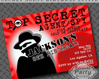Secret Agent Spy Birthday Party Invite Invitation Red Black You Print Personalized Stripe Customized 5x7 or 4x6