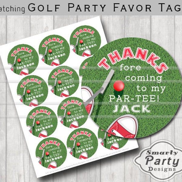 Customized Golf Thank You Party Tags Stickers Red Shoes Printable 2.5" Circles PDF