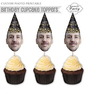 Photo Cupcake Toppers Birthday Printable Black Gold 30th 40th 50th 60th Party Hat