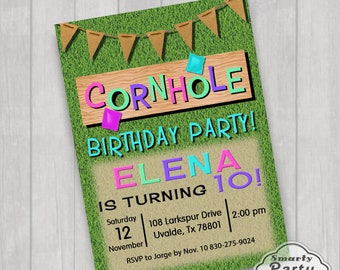 Cornhole Birthday Party Invitation Invite Printable  Personalized Red Blue Green Orange Customized 5x7 or 4x6