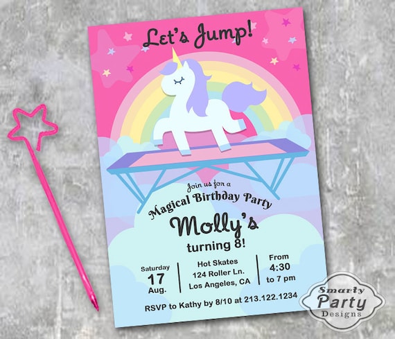Invitación de cumpleaños de unicornio en trampolín: Fiesta en castillo  inflable para niñas (impresión digital)