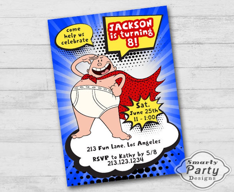 Captain Underpants Birthday Party Invite Invitation Cartoon - Etsy
