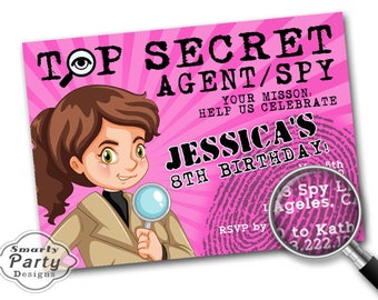 Girl Spy Party Invitation | Secret Agent Spy Birthday Party Invite Invitation Pink You Print Personalized Customized 5x7 or 4x6
