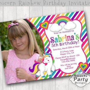 Colorful Unicorn Rainbow Cloud Heart Pony Birthday Party Invitations Invite Printable Personalized Customized Girl 5x7 or 4x6 image 2