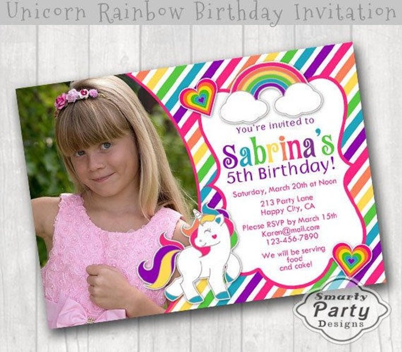 Colorful Unicorn Rainbow Cloud Heart Pony Birthday Party Invitations Invite Printable Personalized Customized Girl 5x7 or 4x6 image 2