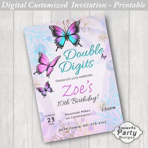 Inviti per feste di compleanno Flutter Double Digits 10th Invito stampabile Farfalla personalizzata personalizzata 5x7 o 4x6