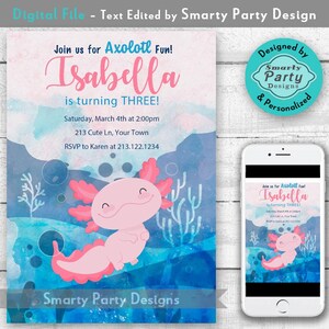 Axolotl Birthday Party Invitation | Ajolote Digital Invite | Personalized Girl Watercolor Customized 5x7 or 4x6