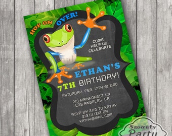 Rainforest Frog Jungle Invitations Jump Bounce Invite Printable Personalized Customized 5x7