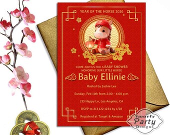 Faire-part baby shower Année du cheval : signe astrologique du Nouvel An chinois en or rouge (numérique)