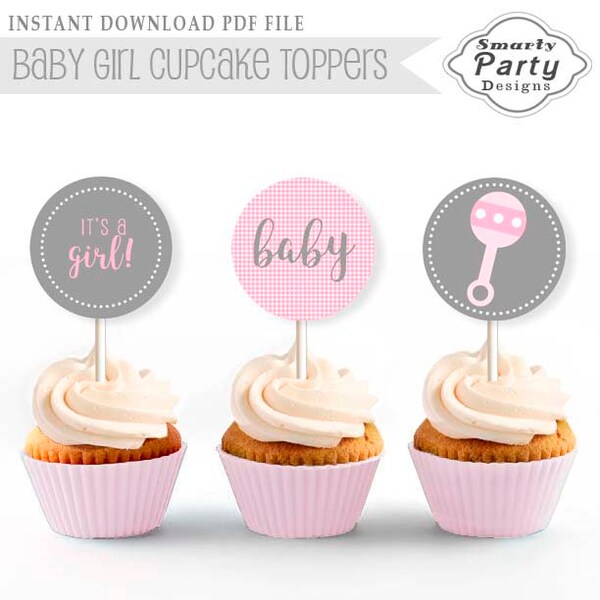 Girl Baby Shower Cupcake Toppers Pink Gray Shower Cupcake Toppers Its a Girl Toppers Rattle Printable - Instant Download PDF
