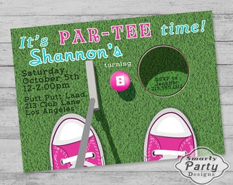 Faire-part d'anniversaire mini golf : thème Par-Tee, baskets roses (impression numérique)