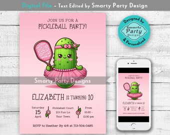 Faire-part d'anniversaire pickleball : Pickle Girl kawaii (imprimable numérique)