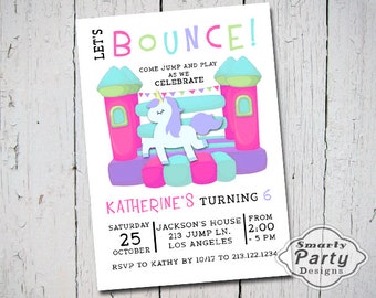 Faire-part d'anniversaire Licorne Bounce House : fête de saut d'obstacles pour filles (téléchargement numérique)