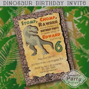 Dinosaur T-Rex Jurassic Boy Birthday Party Invite Invitation Orange Green Brown Printable Personalized Customized 5x7 or 4x6