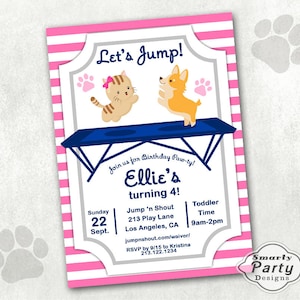 Kitten Puppy Jump Birthday Invitation Bounce House Birthday Girl Trampoline Paw-ty Invite Printable Personalized 4 x 6 or 5 x 7