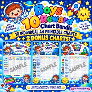 Belohnungstabellen-Set für Jungen (10 Stück + 2 GRATIS) | Druckbare Tagesablauf- und Belohnungstabellen für Kinder | Sofortiger PDF-Download