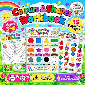 Puede incluir: Un colorido libro de ejercicios educativos para niños de 3 a 6 años con 15 páginas de actividades. La portada muestra el título Colours & Shapes Workbook con ilustraciones de un arcoíris, sol y varias formas. Incluye iconos de PDF y descarga.