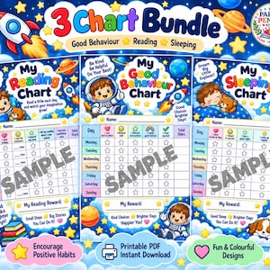 May include: A 3-chart bundle featuring space-themed designs for reading, good behavior, and sleeping. Each chart includes a grid for tracking progress with star icons, colorful illustrations of astronauts, planets, and stars, and text labels.