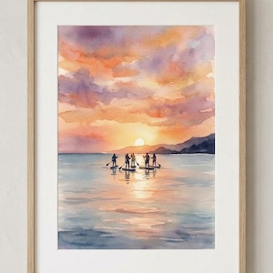 Print of a group of friends at sunset | A4 downloadable watercolor sea art